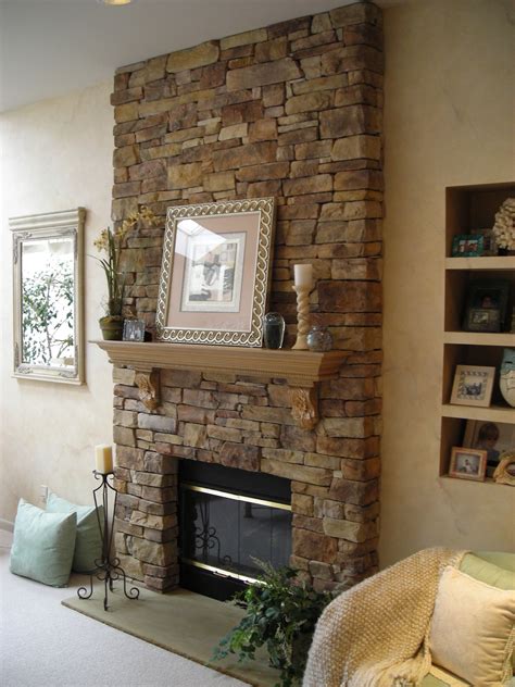 Veneer Stone Fireplace with Wooden Accent Shelf » Stoneworx | Steinwand ...