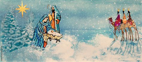 Nativity scene with three wise men. Watercolor greeting card. Stock Illustration | Adobe Stock