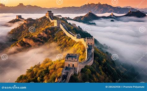 Aerial View of the Great Wall of China Misty Morning Sunrise ...