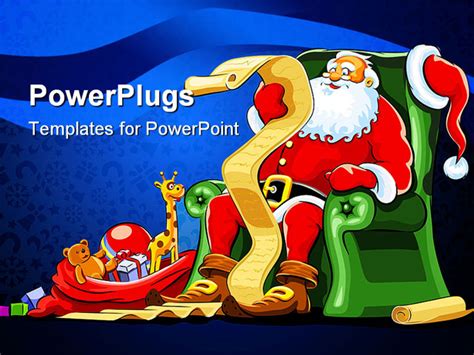 PowerPoint Template: Santa Claus sitting in green armchair with red sack of gifts (25671)