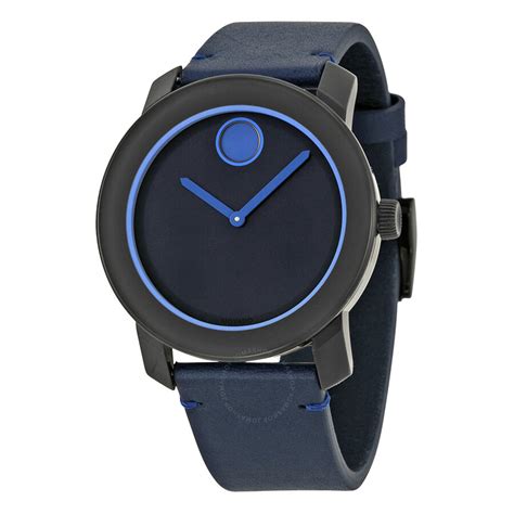 Movado Bold Navy Blue Dial Blue Leather Band Navy Blue Stainless Steel Case Men's Quartz Watch ...