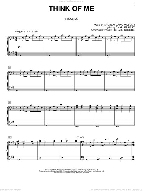 Webber - Think Of Me sheet music for piano four hands [PDF]