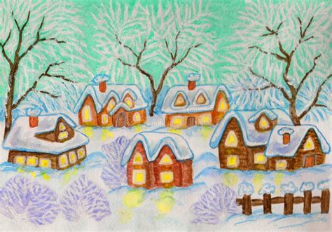 Winter village, painting stock illustration. Illustration of landscape - 35142236