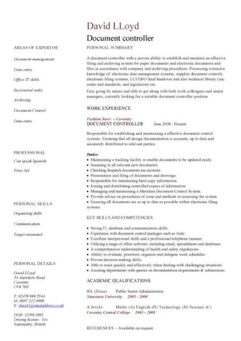 Document controller CV sample, job description, file validation,