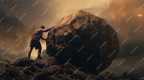 Premium AI Image | Sisyphus is pushing a rock up a mountain The enduring symbolism of sisyphus ...