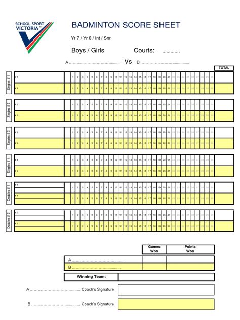 Badminton Score Sheet | Leisure | Sports