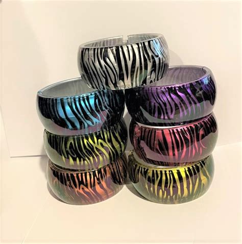 Wide Metallic Zebra Print Hinged Bracelet , Lucite Bangle Cuff Bracelet , Retro Bracelet , Cuff ...