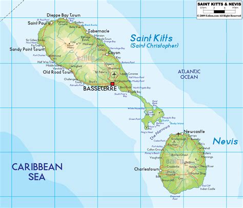 Physical Map of Saint Kitts and Nevis - Ezilon Maps