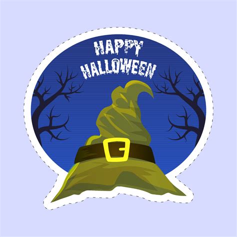 Sticker Style Happy Halloween Font With Witch Hat And Bare Trees On Blue Background. 23293441 ...