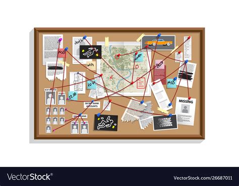 Detective board with pins and evidence crime Vector Image