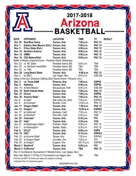 Printable 2017-2018 Arizona Wildcats Basketball Schedule