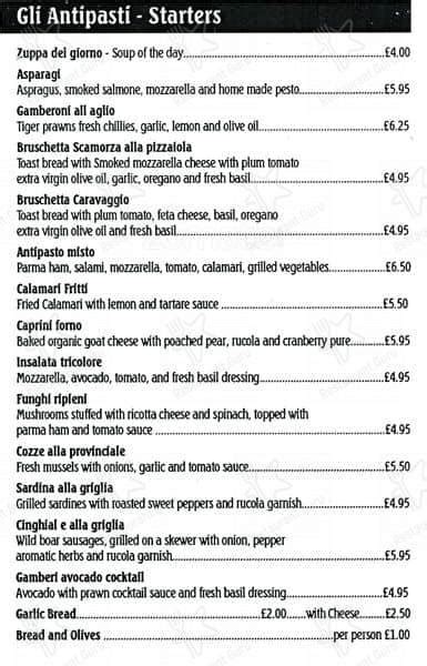 Menu at Caravaggio Italian Restaurant, London, 47 Camberwell Church St