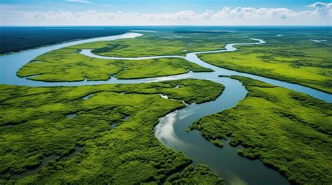 Premium AI Image | Aerial view of a river delta with lush green ...