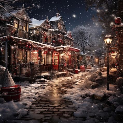 Premium Photo | Winter snowy small city street with lights in houses falling snow town night ...