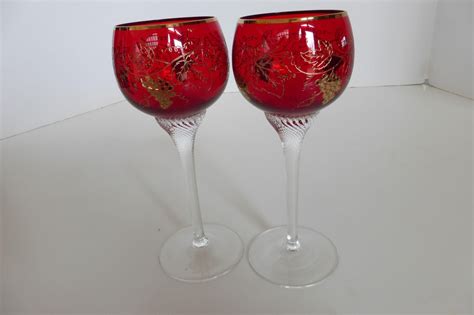 Vintage Bohemian Moser Crystal Czech Moser Ruby Red Wine Goblets Etched & Gilded - Twisted Stems ...