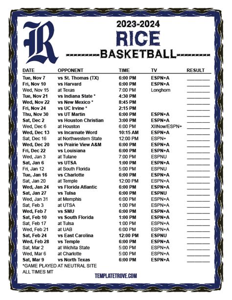 Printable 2023-2024 Rice Owls Basketball Schedule