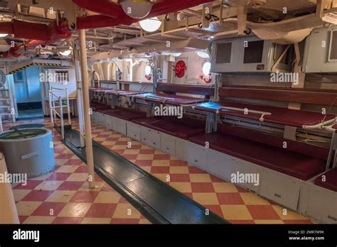 Messdeck inside HMS Cavalier (D73/R73), a C-class destroyer on display in the Historic Dockyard ...