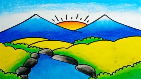 How To Draw Mountain And Rice Field Scenery Beautiful |Drawing River Scenery Easy - YouTube