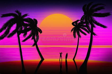 Background with Sunset on the Neon Sky and the Beach with Silhouettes ...