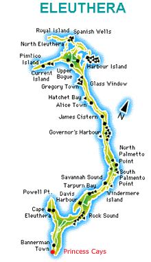 Map of Eleuthera, Bahamas showing Princess Cays Honeymoon Cruise on ...