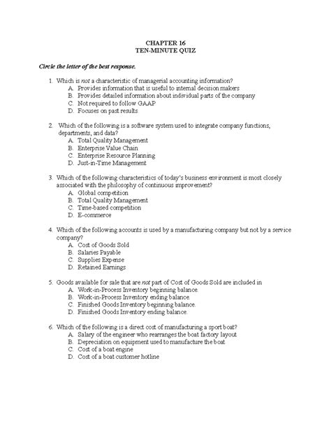 Chapter 16 quiz with solutions - CHAPTER 16 TEN-MINUTE QUIZ Circle the letter of the best ...