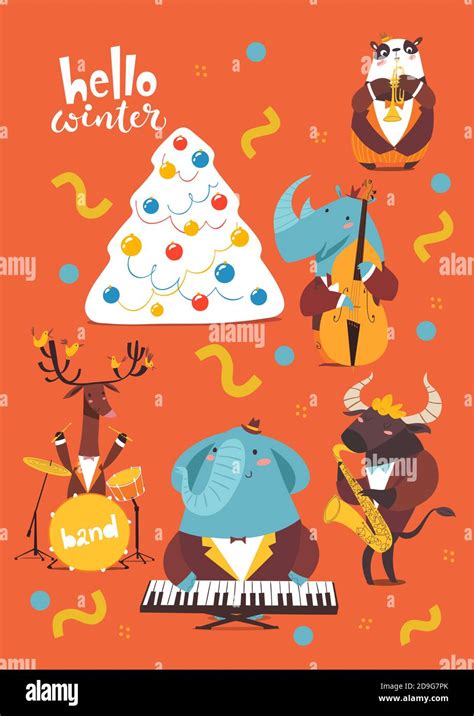 Christmas cartoon poster with hello winter lettering and cute jazz musicians characters Stock ...