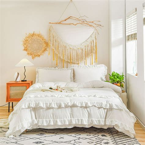 Modern Queen Style White Farmhouse Ruffle Bedding Set, Soft Microfiber Boho Chic Duvet Cover ...