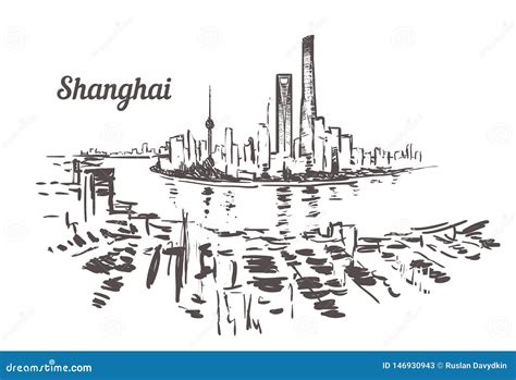 Shanghai Skyline Drawn Sketch. Shanghai Vector Illustration Stock ...