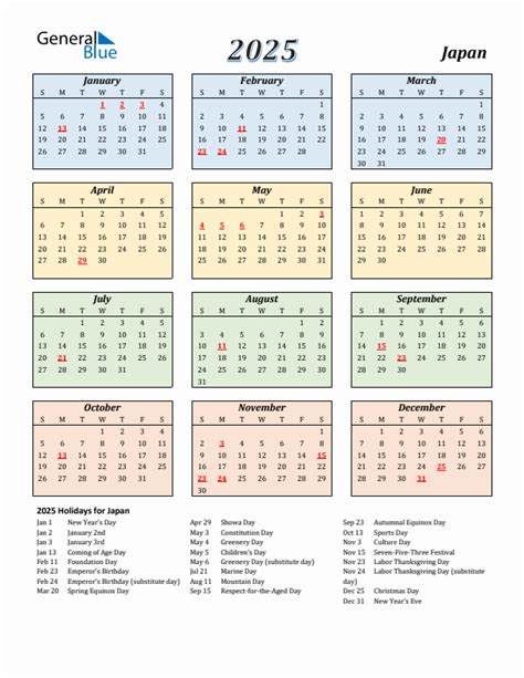 2025 Japan Calendar with Holidays