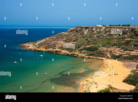 Stunning view over sandy beach at Ramla Bay in the northern part of the Gozo Island, one of the ...