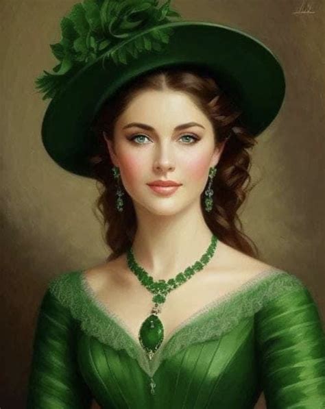 a painting of a woman wearing a green dress and hat with jewels on her necklace