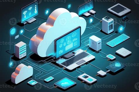 Cloud technology. Cloud computing. Devices connected to digital storage in data center. 22406037 ...