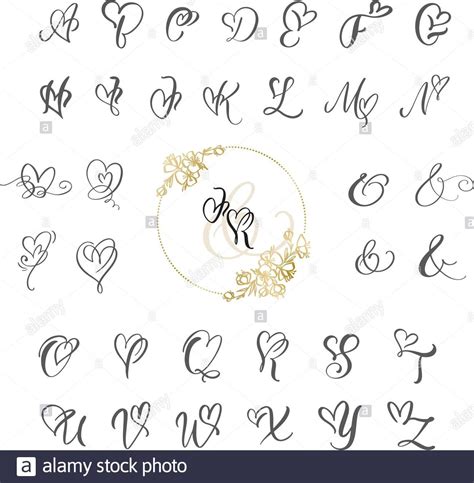 Handwritten heart calligraphy monogram alphabet. Valentine Cursive font with flourishes heart f ...