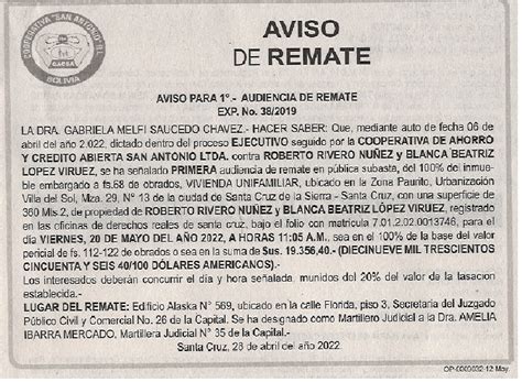 AVISO DE REMATE DEL SR. ROBERTO RIVERO NUÑEZ | Cooperativa San Antonio RL