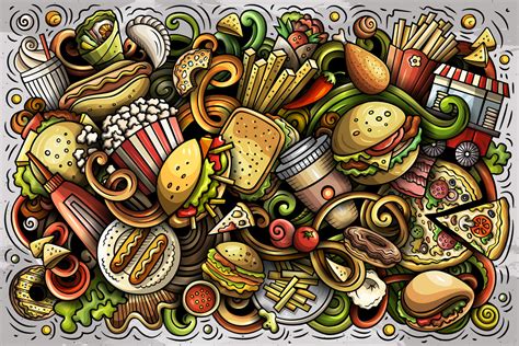 Fast Food Vector Cartoon Doodles Illustrations on Yellow Images Creative Store - 66496