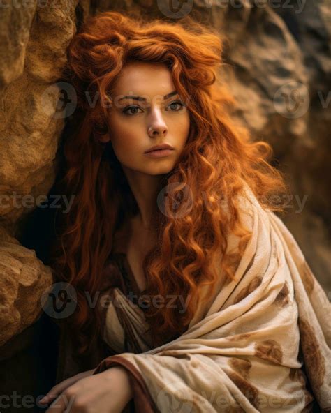 beautiful red haired woman with long red hair posing in front of rocks generative ai 28387259 ...