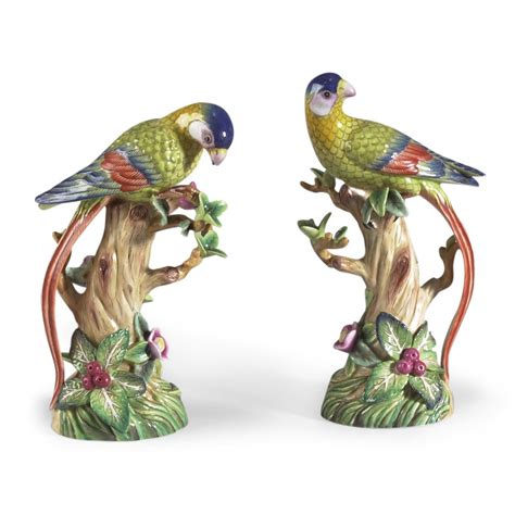 Pair of elegant porcelain parrots in a fruit tree. Each parrot measures 6.5 | Porcelain doll ...
