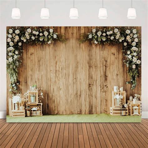 Rustic Wood White Wedding Backdrop Photography Flowers Romantic Scene Cake Smash Background ...