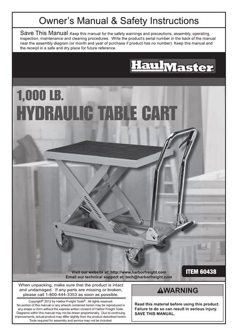 Harbor Freight Tools 1000 lb. Capacity Hydraulic Table Cart Product manual | Manualzz