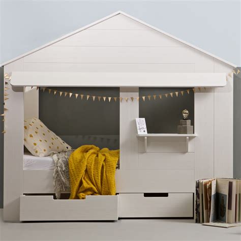 Kids House Cabin Bed In White Pine With Optional Storage Drawers - Woood | Cuckooland