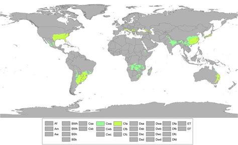 Humid subtropical climate zones of the world according to Köppen climate classification. Yellow ...