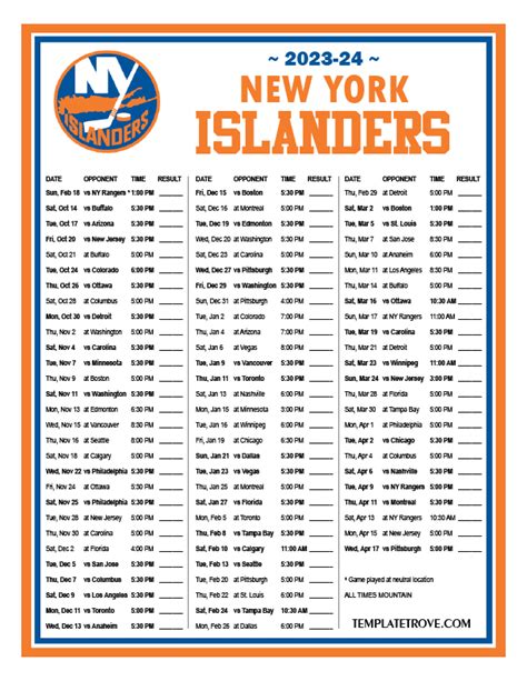 Printable 2023-2024 New York Islanders Schedule