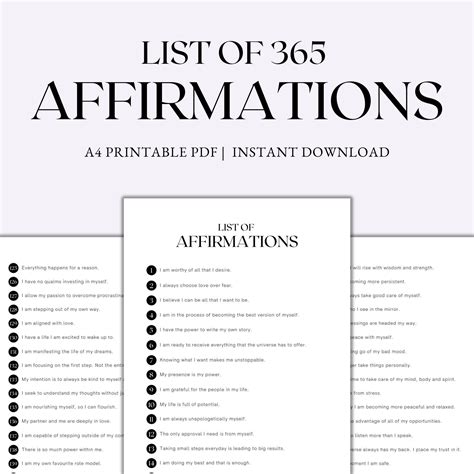 List of 365 Affirmations, Affirmations Printable, Positive Affirmations for Personal Growth ...