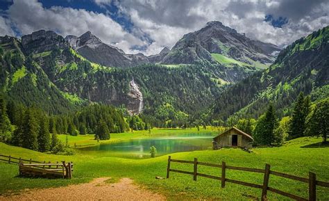 Swiss lake, lake, grassland, fence, hills, hut, house, cottage, view, greenery, Switzerland ...