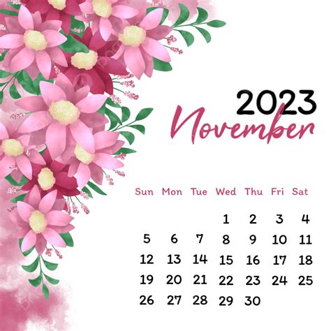 November 2023 And Pink Flowers Ornament, November 2023, 2023 Calendar Of November, Aesthetic ...