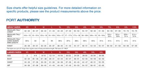 PORT AUTHORITY SIZING CHART