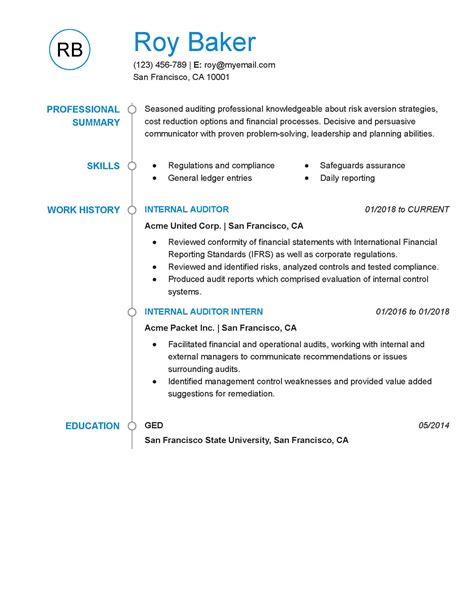 Best internal auditor resume example