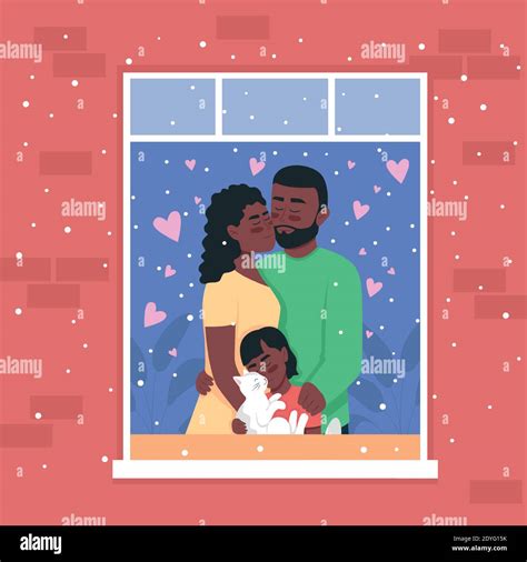 Happy african american family in home window flat color vector illustration Stock Vector Image ...