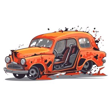 Wrecked Car Vector, Sticker Clipart Vintage Car In Splats Doodle ...