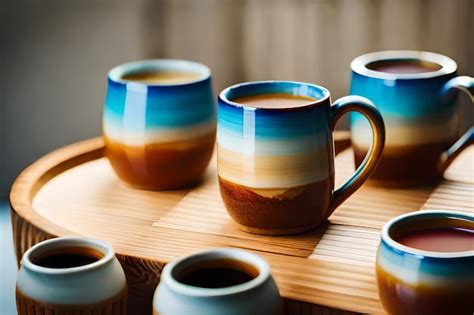 Premium AI Image | a row of ceramic mugs with different colors on them.